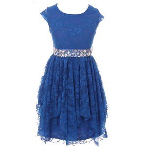 Royal 6 Cap Sleeve Girls Dress Floral Lace Rhinestones Party Flower Girl Dress